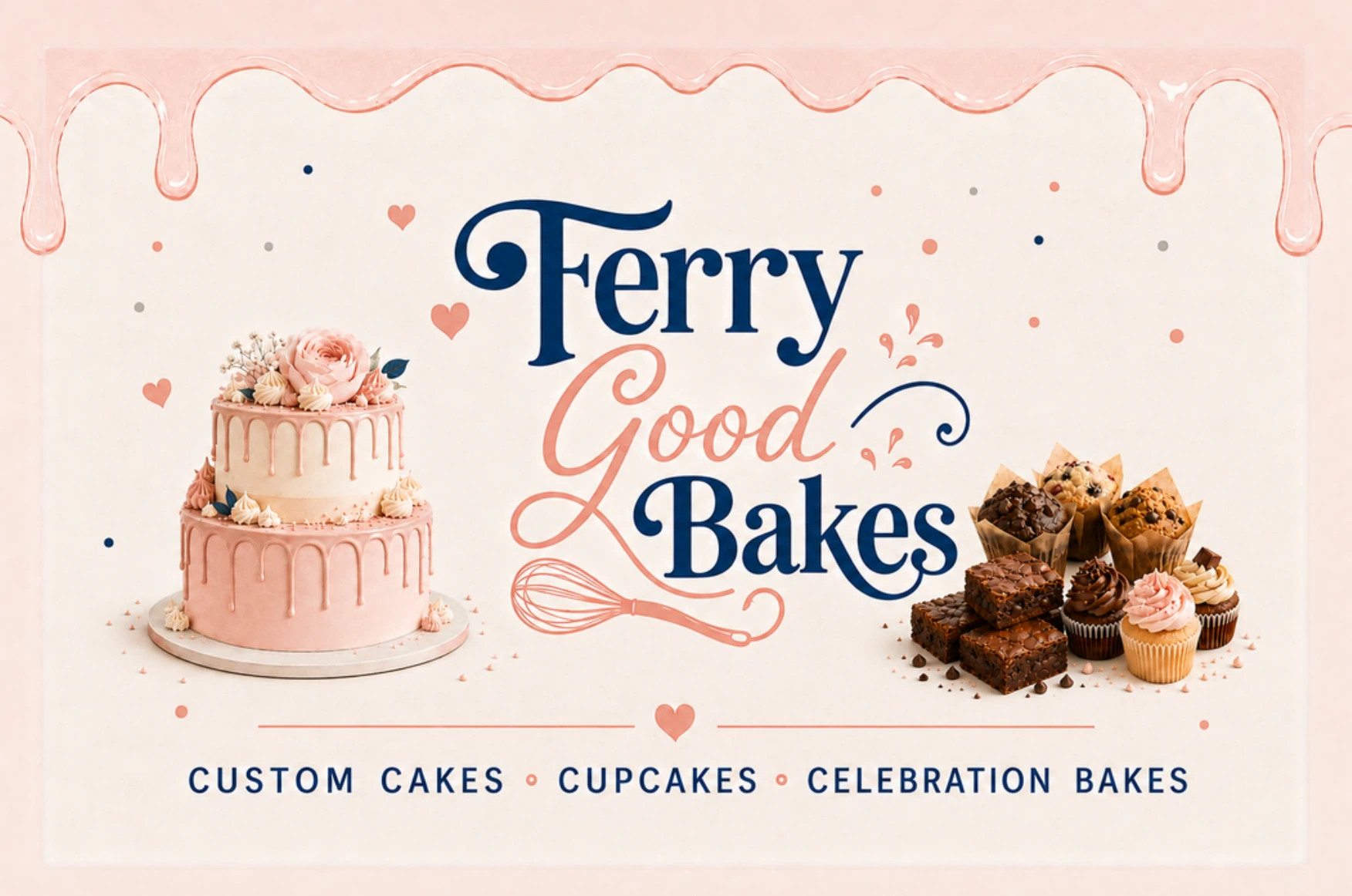 Ferry Good Bakes branding with cake, brownies, muffins and cupcakes